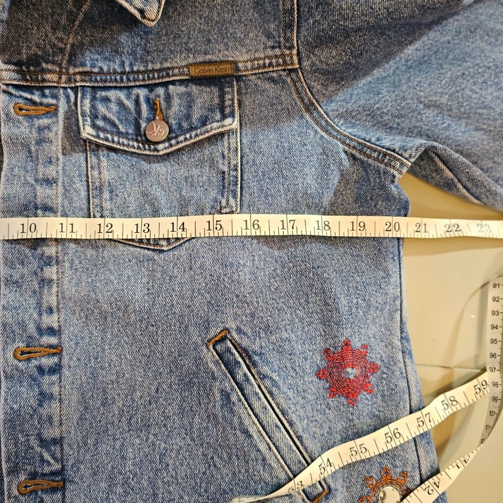 CALVIN KLEIN JEANS Denim Jean Jacket with Red Orange Embroidery 100% Cotton - Picture 11 of 13